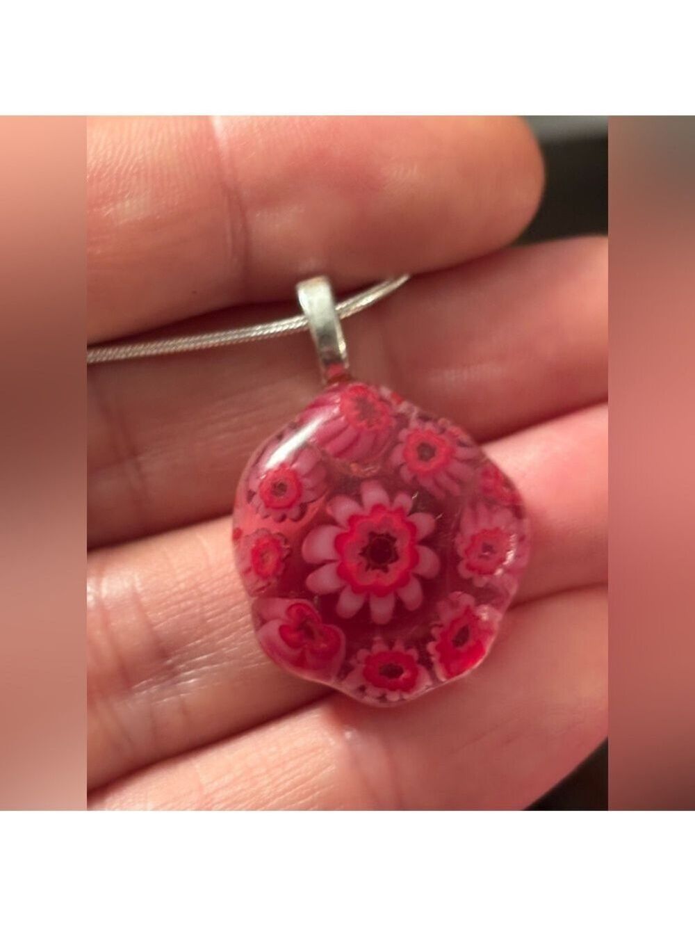 🌸Vintage Magenta Pink Millefiori Blown Glass Pendant Necklace • Floral Statement - Picture 5 of 17